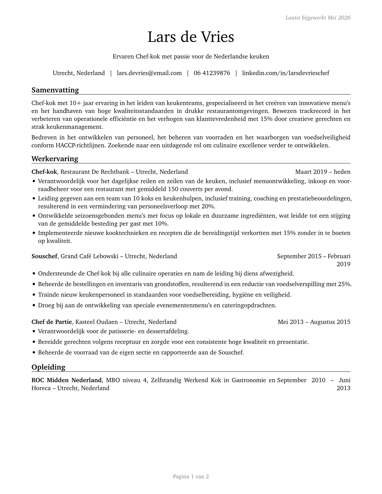 Chefs and Head Cooks CV in Dutch — page 1
