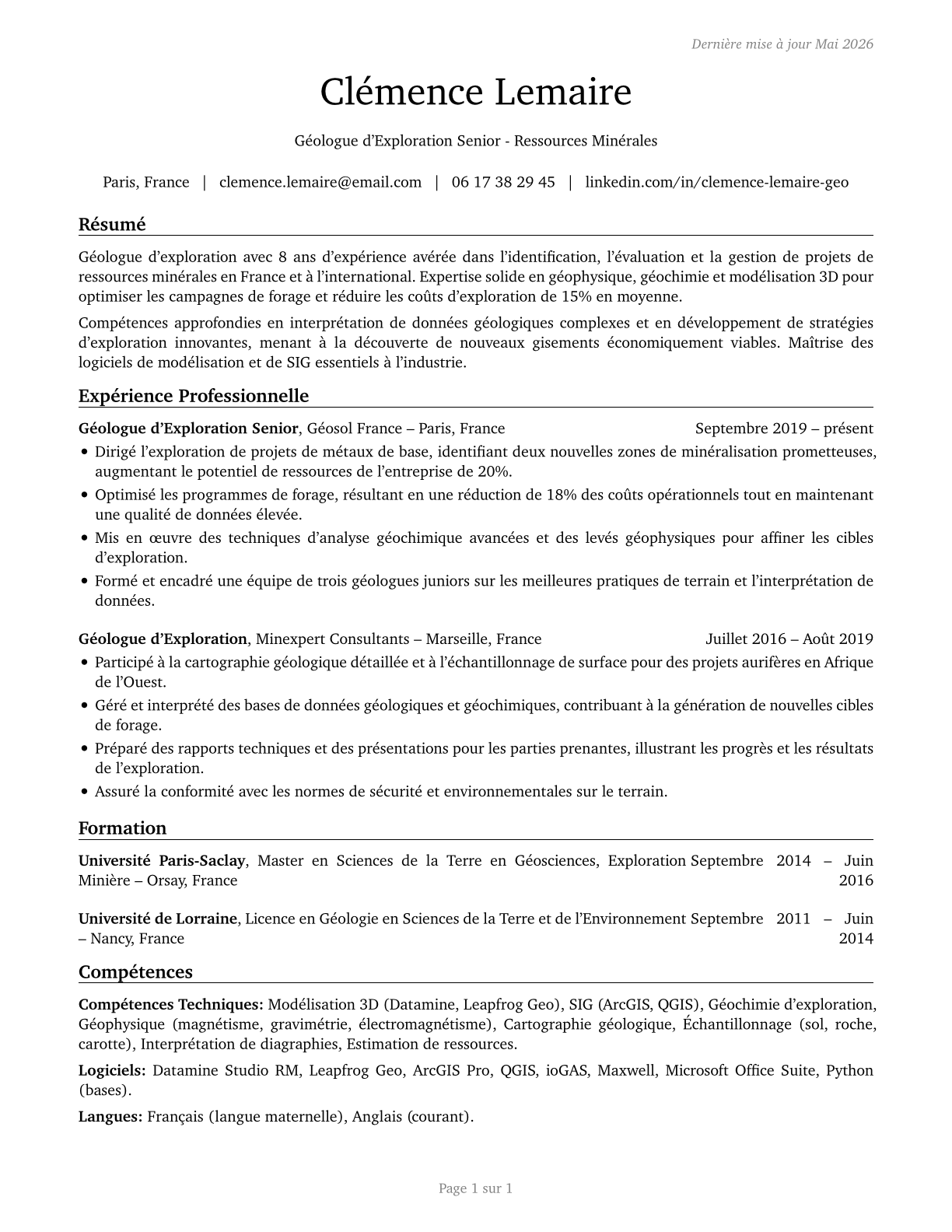 Geoscientists, Except Hydrologists and Geographers CV in French — page 1