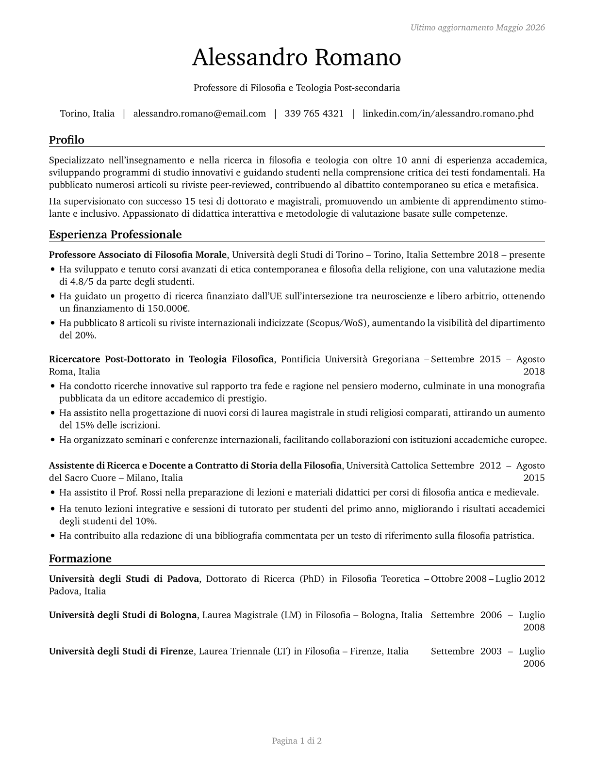 Philosophy and Religion Teachers, Postsecondary CV in Italian — page 1