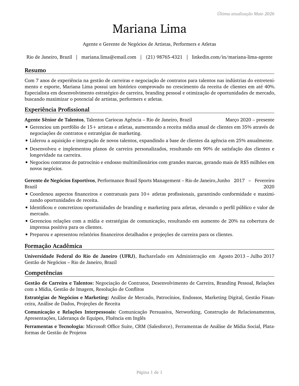 Agents and Business Managers of Artists, Performers, and Athletes CV in Portuguese — page 1