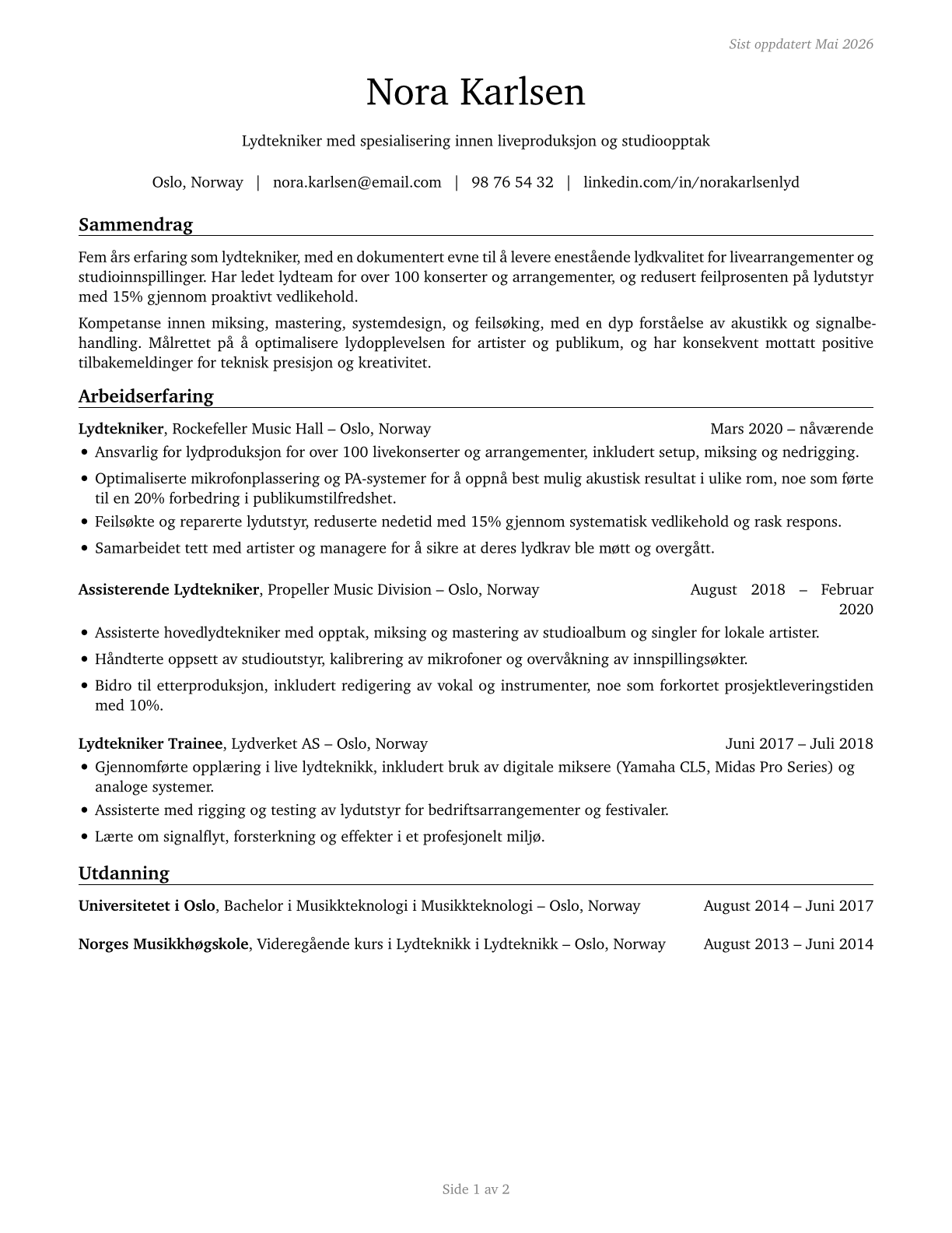 Sound Engineering Technicians CV in Norwegian_bokmal — page 1
