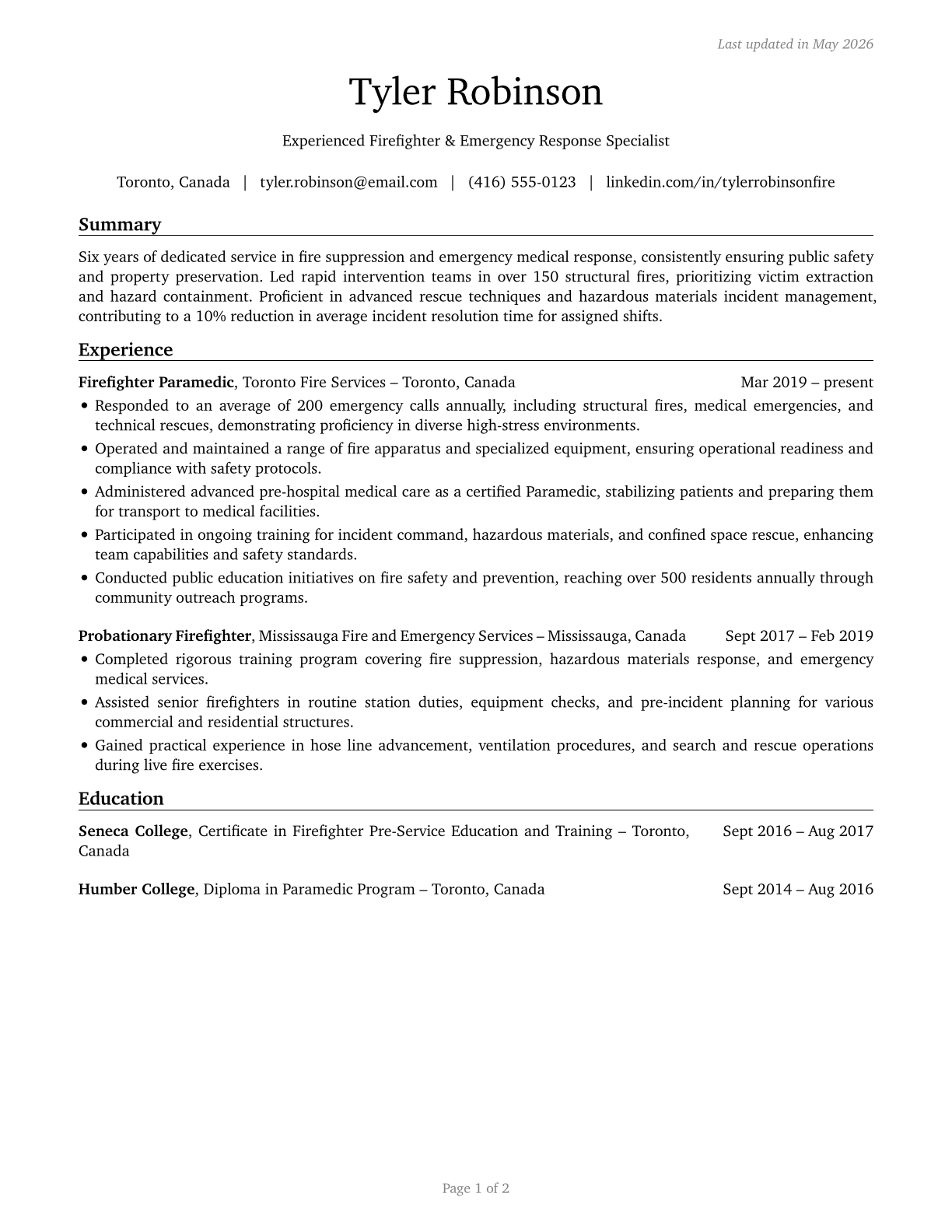 Firefighters CV in English — page 1