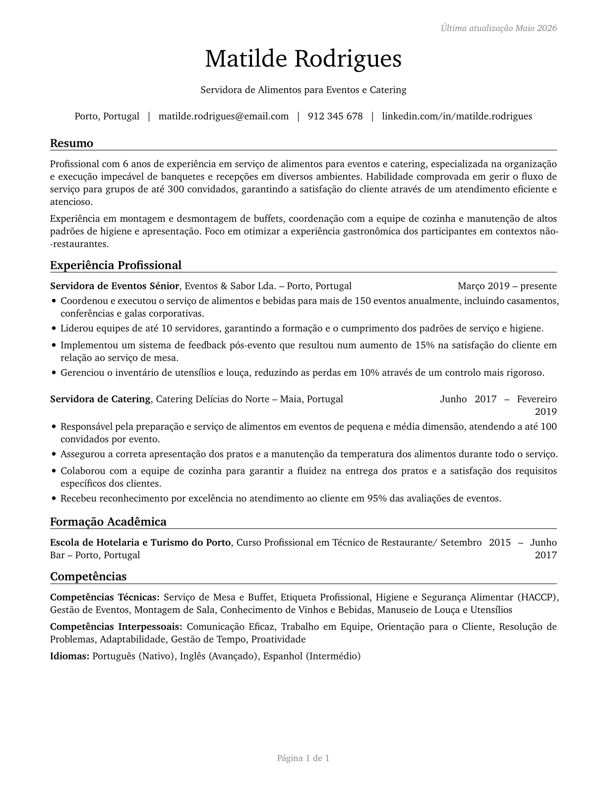 Food Servers, Nonrestaurant CV in Portuguese — page 1