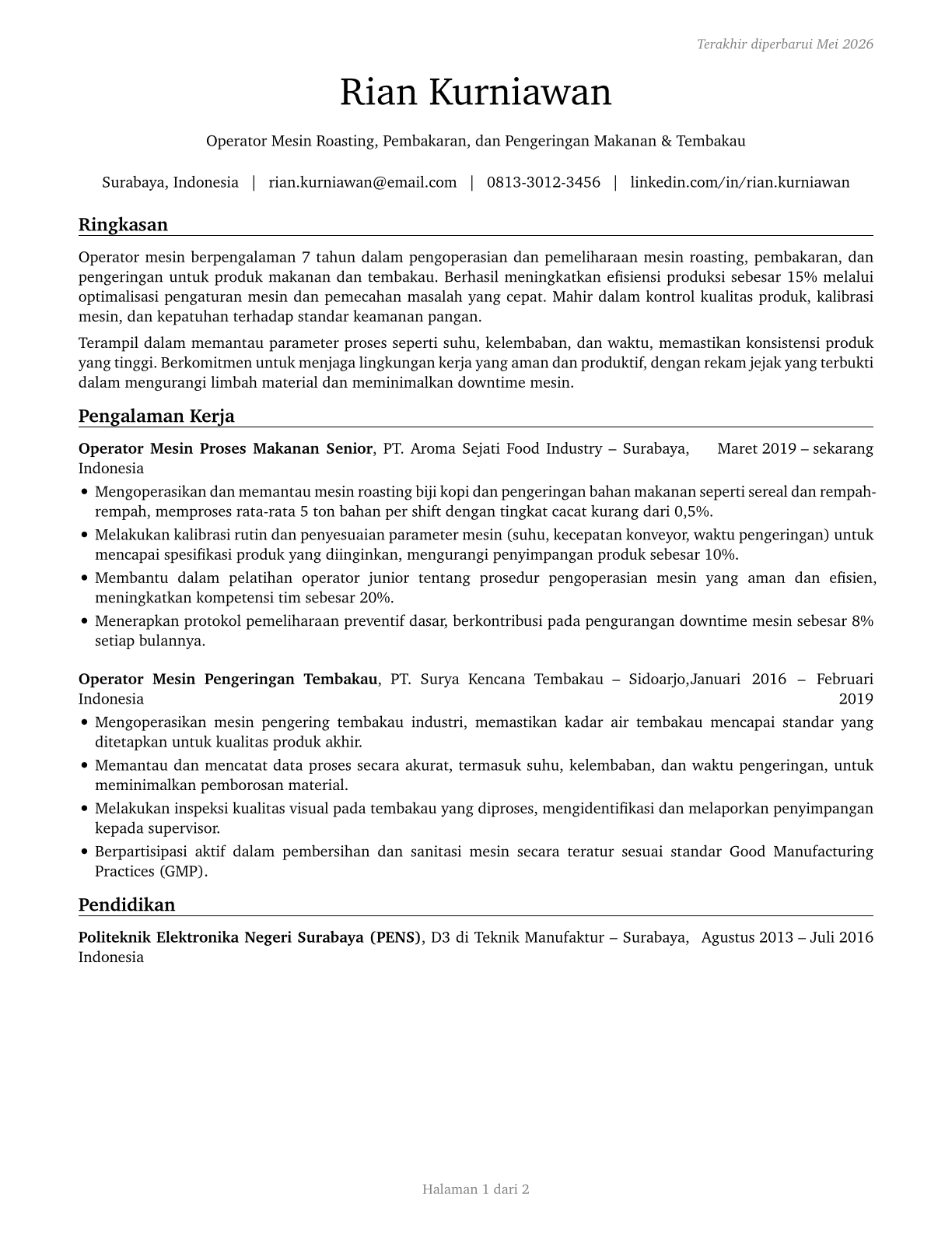 Food and Tobacco Roasting, Baking, and Drying Machine Operators and Tenders CV in Indonesian — page 1