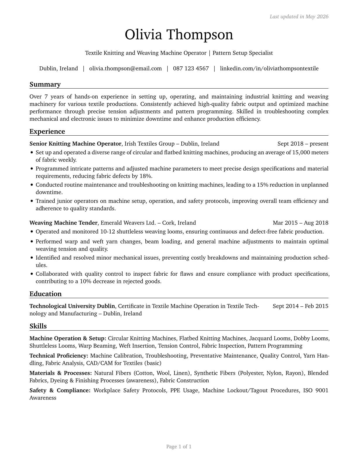 Textile Knitting and Weaving Machine Setters, Operators, and Tenders CV in English — page 1