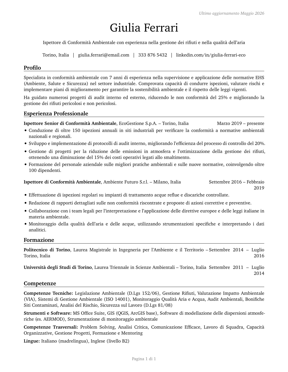 Environmental Compliance Inspectors CV in Italian — page 1