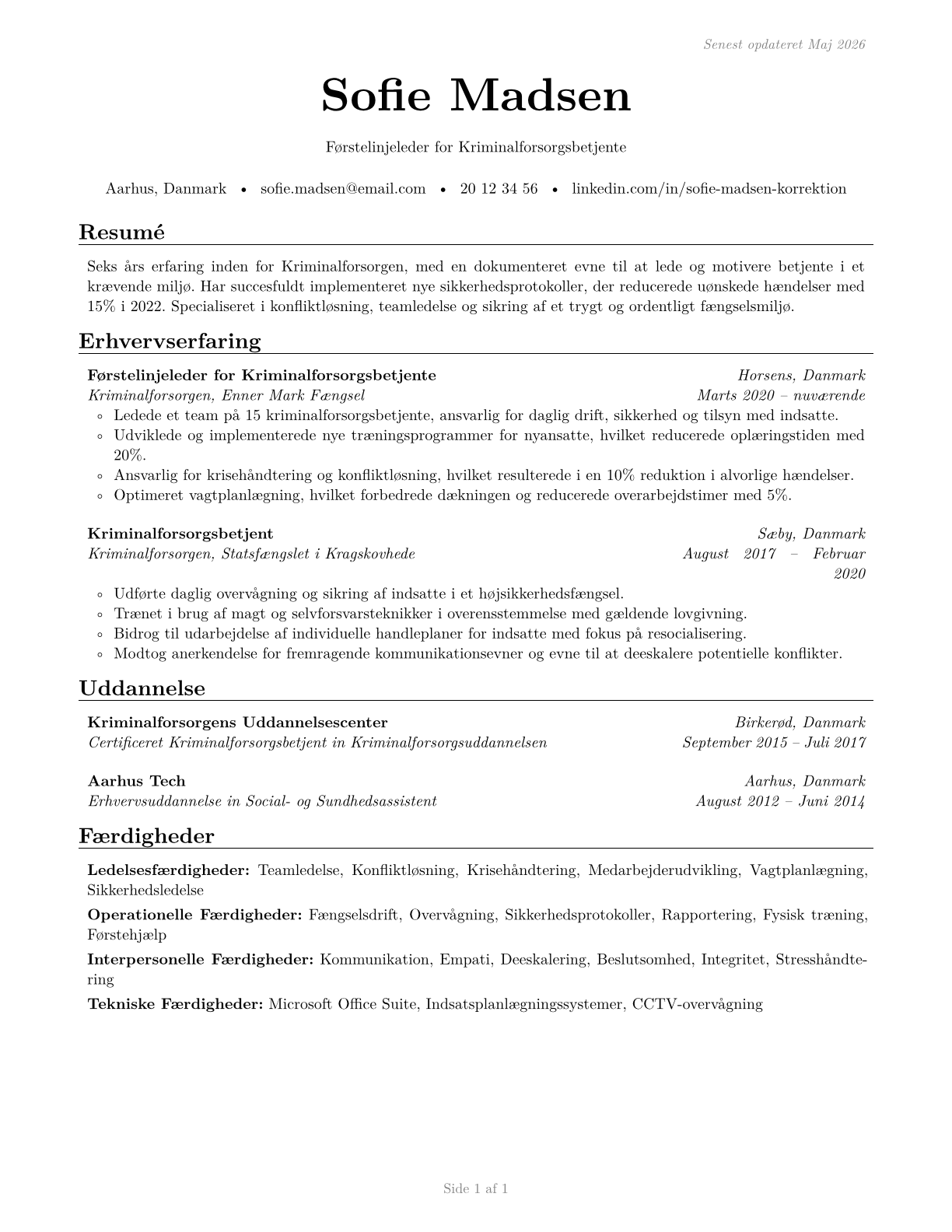 First-Line Supervisors of Correctional Officers CV in Danish — page 1