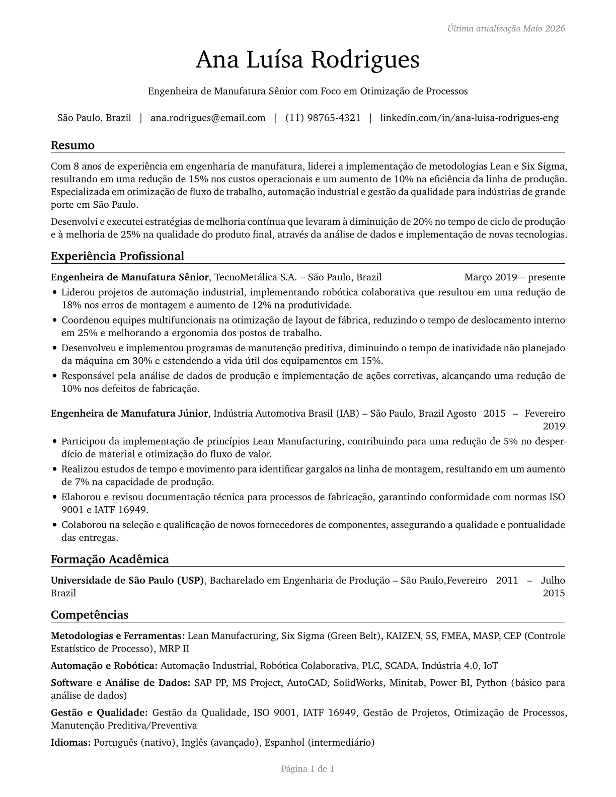 Manufacturing Engineers CV in Portuguese — page 1