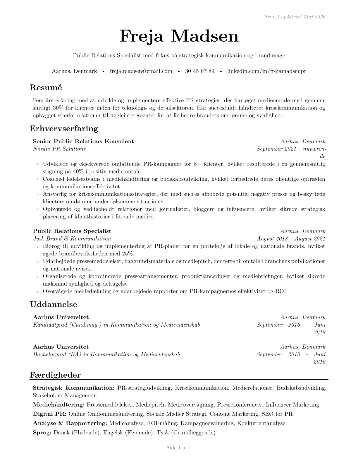 Public Relations Specialists CV in Danish — page 1