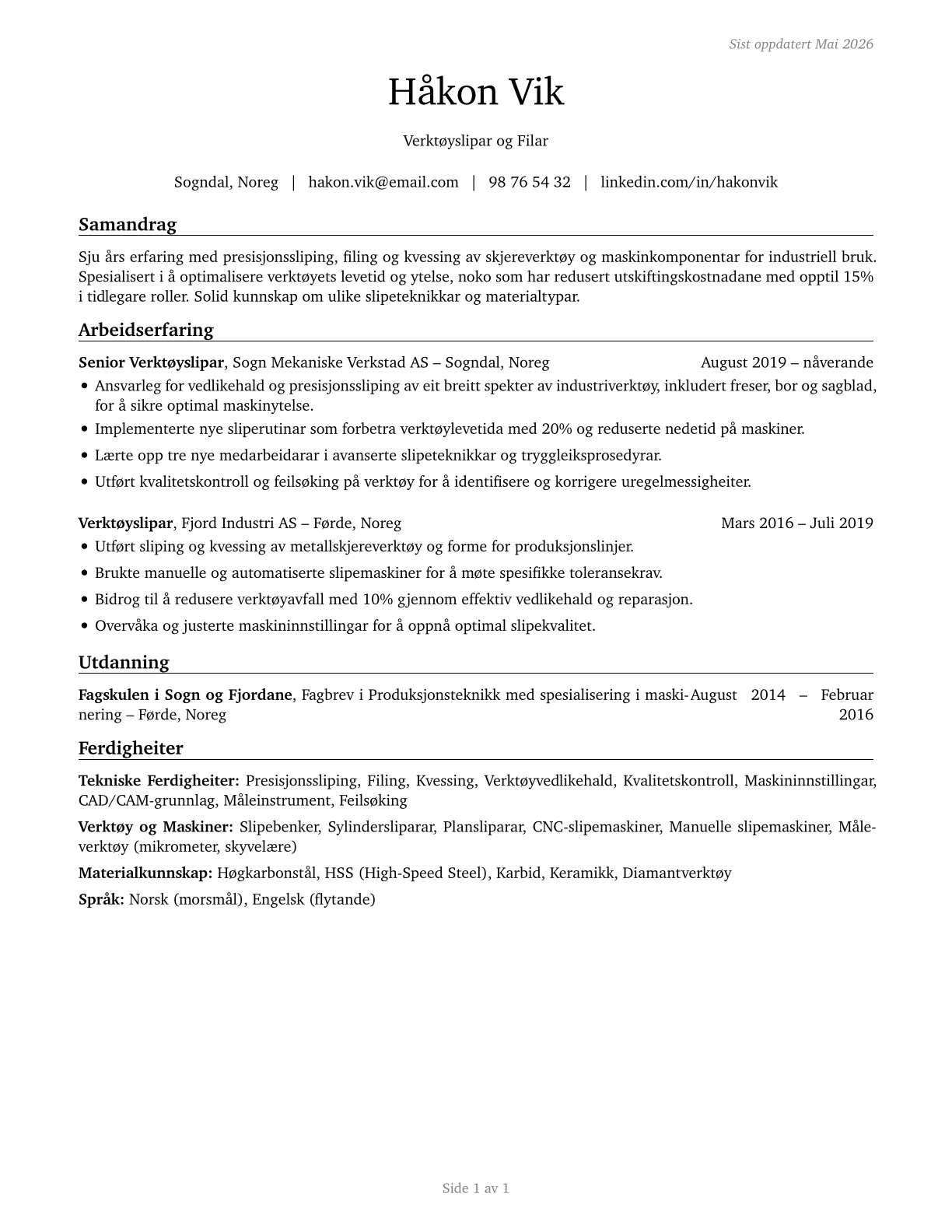 Tool Grinders, Filers, and Sharpeners CV in Norwegian_nynorsk — page 1