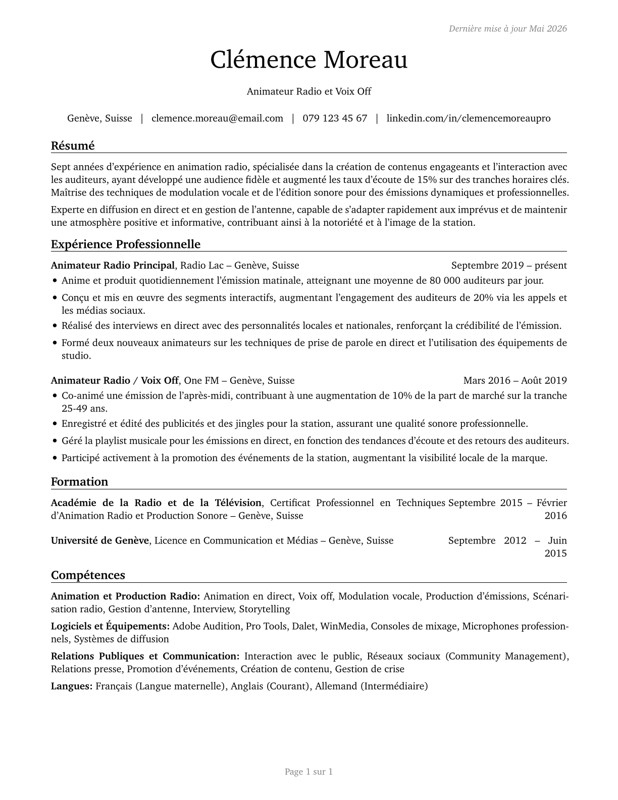 Broadcast Announcers and Radio Disc Jockeys CV in French — page 1