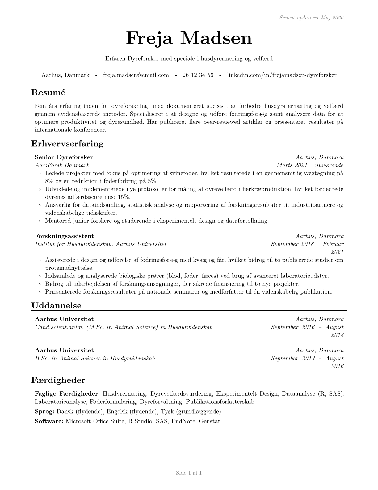 Animal Scientists CV in Danish — page 1