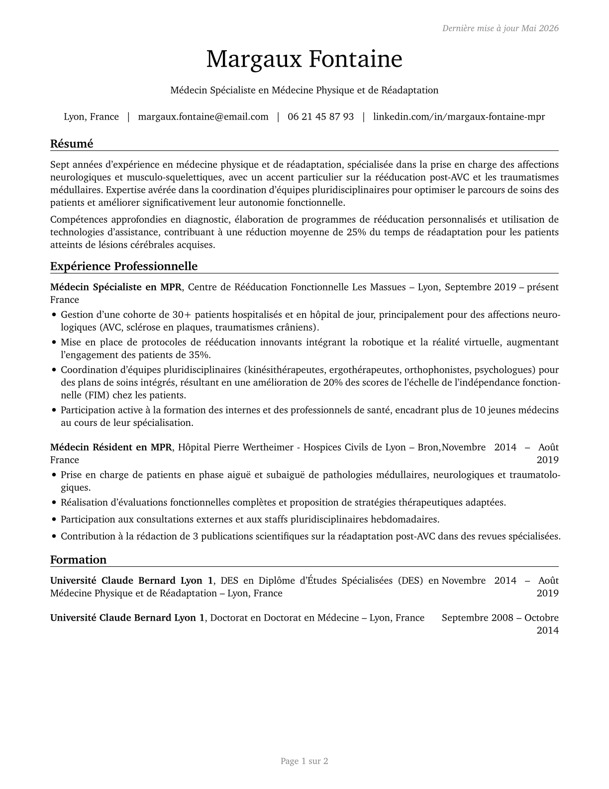 Physical Medicine and Rehabilitation Physicians CV in French — page 1