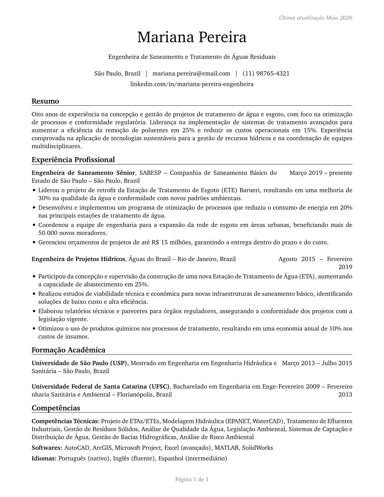 Water/Wastewater Engineers CV in Portuguese — page 1