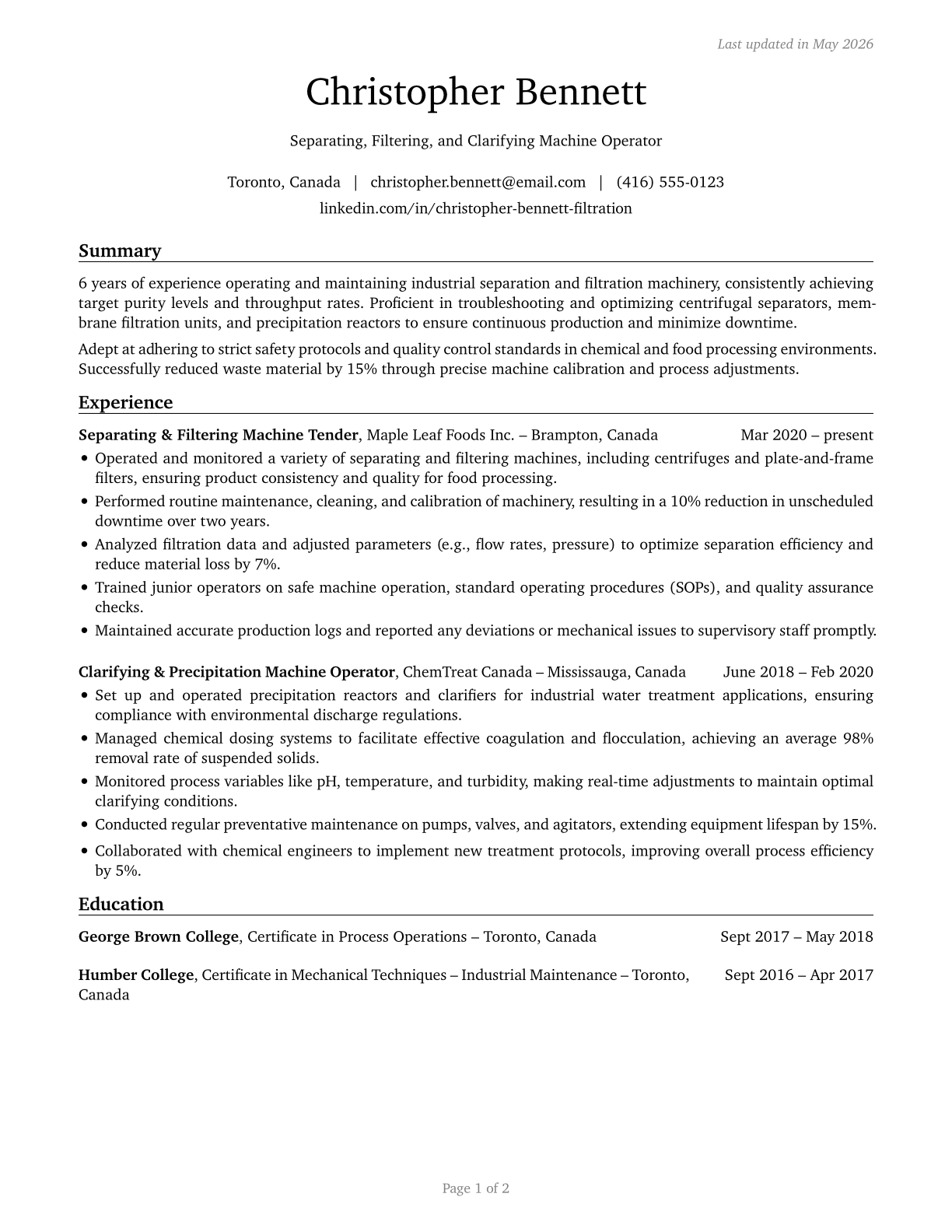 Separating, Filtering, Clarifying, Precipitating, and Still Machine Setters, Operators, and Tenders CV in English — page 1