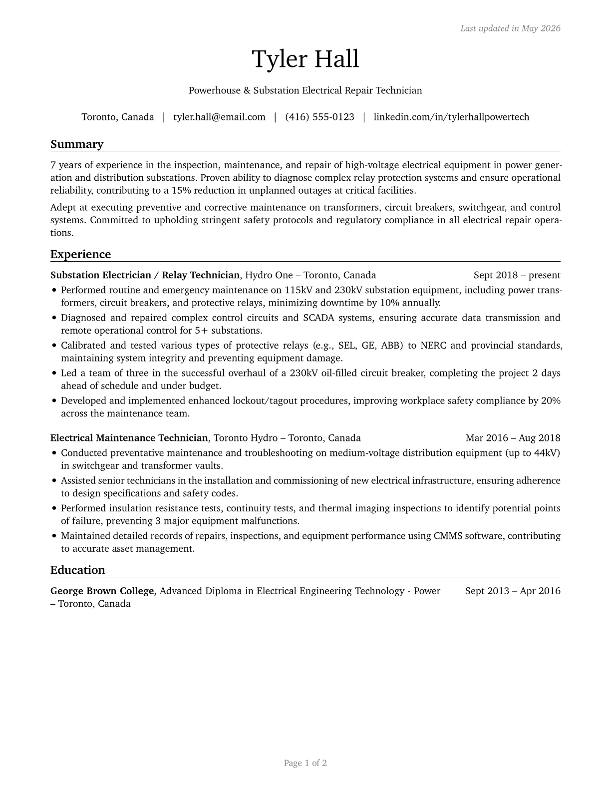 Electrical and Electronics Repairers, Powerhouse, Substation, and Relay CV in English — page 1