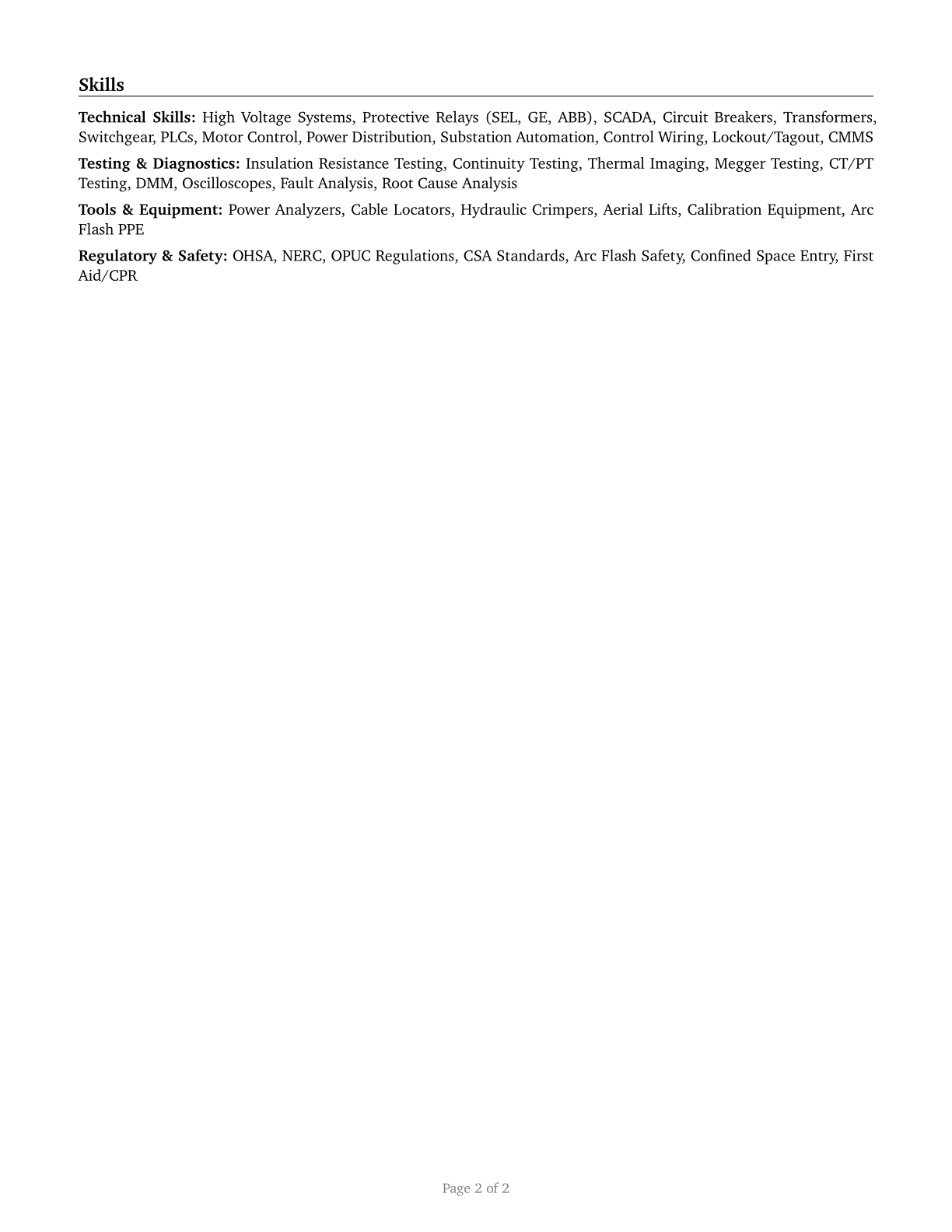 Electrical and Electronics Repairers, Powerhouse, Substation, and Relay CV in English — page 2