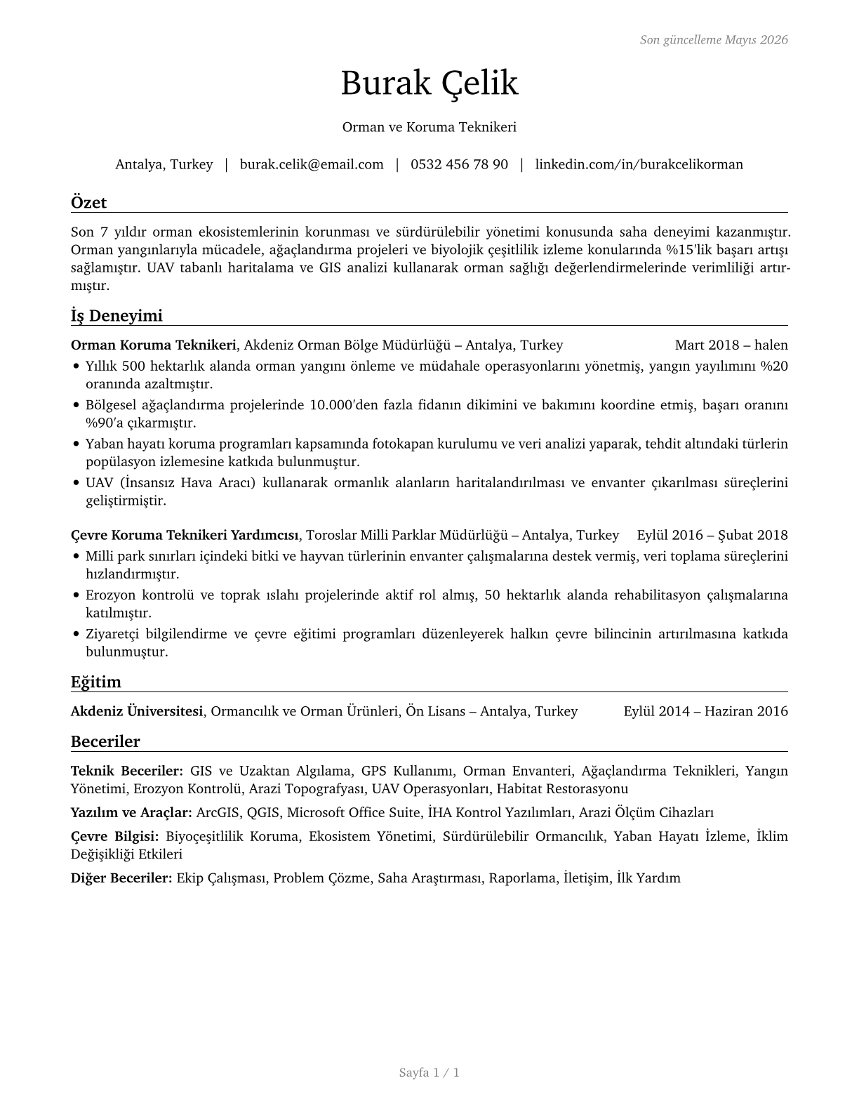 Forest and Conservation Technicians CV in Turkish — page 1