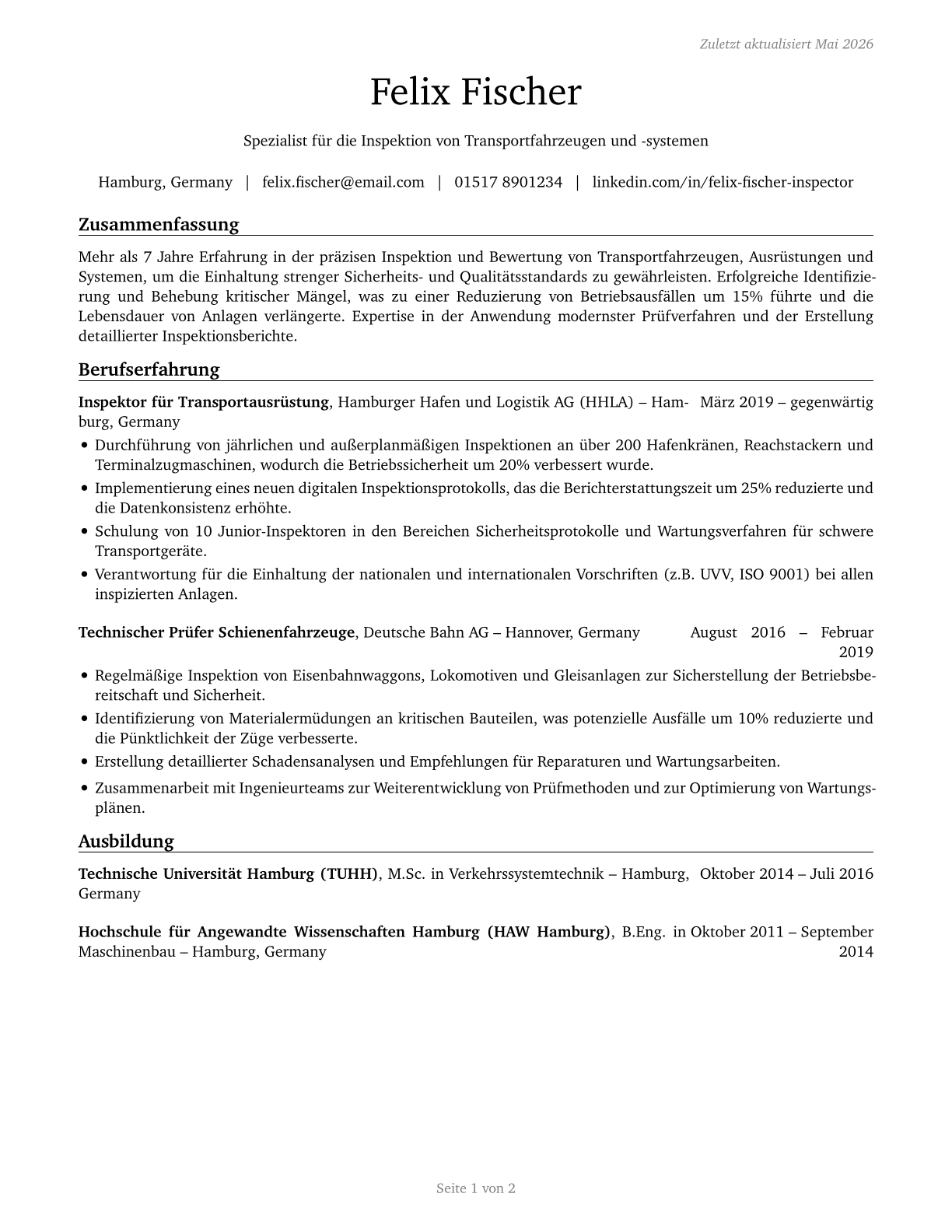 Transportation Vehicle, Equipment and Systems Inspectors, Except Aviation CV in German — page 1