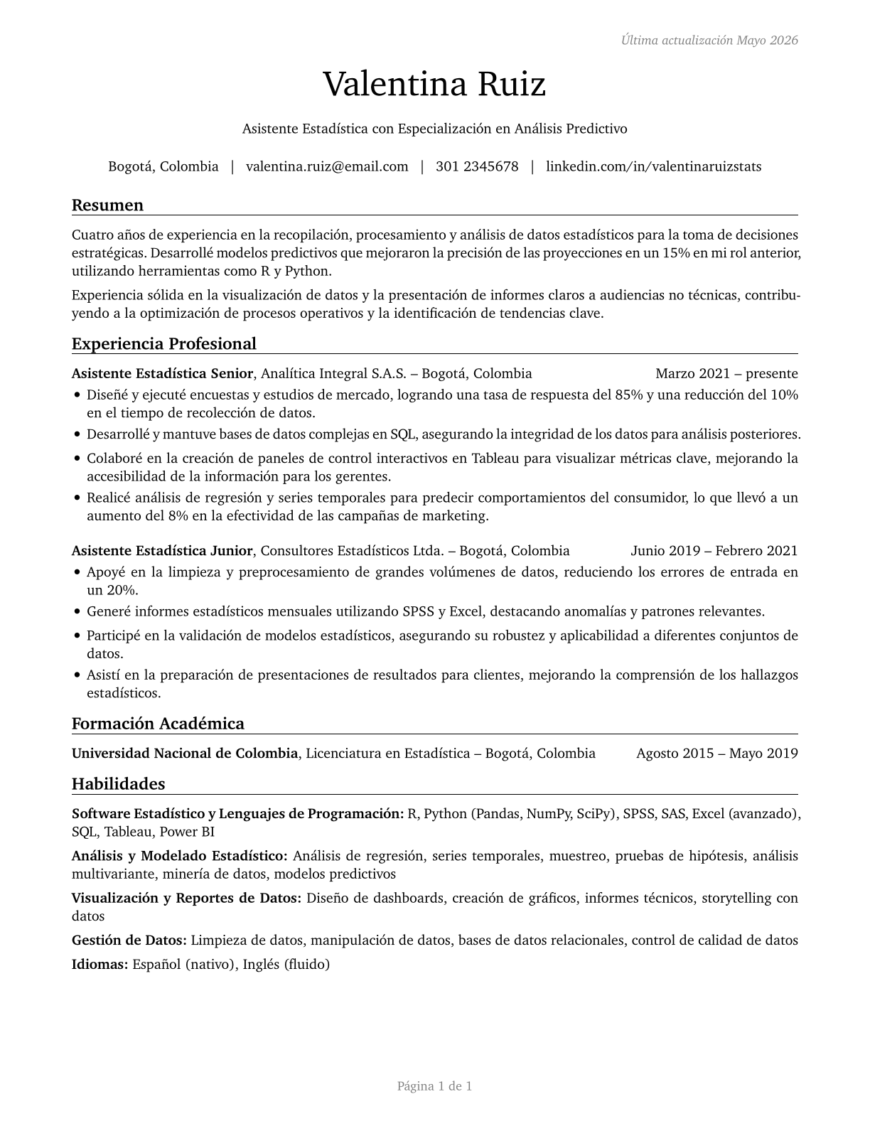 Statistical Assistants CV in Spanish — page 1