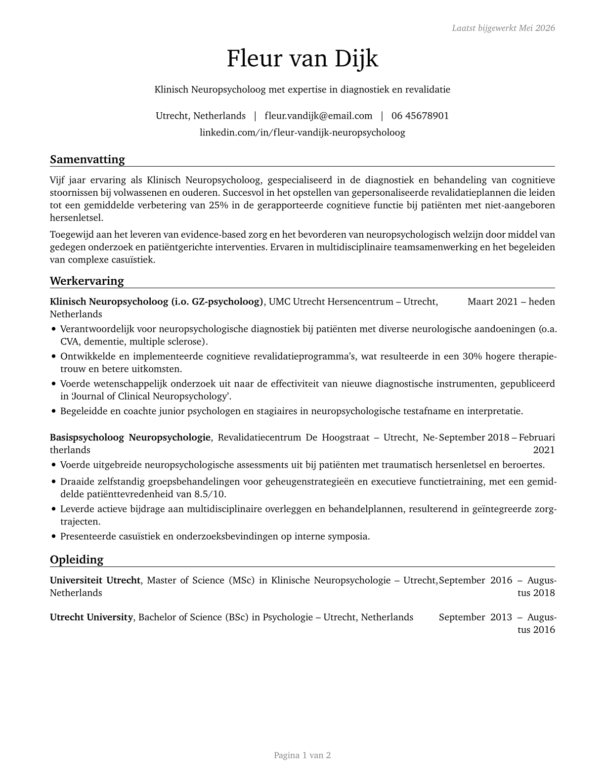 Clinical Neuropsychologists CV in Dutch — page 1