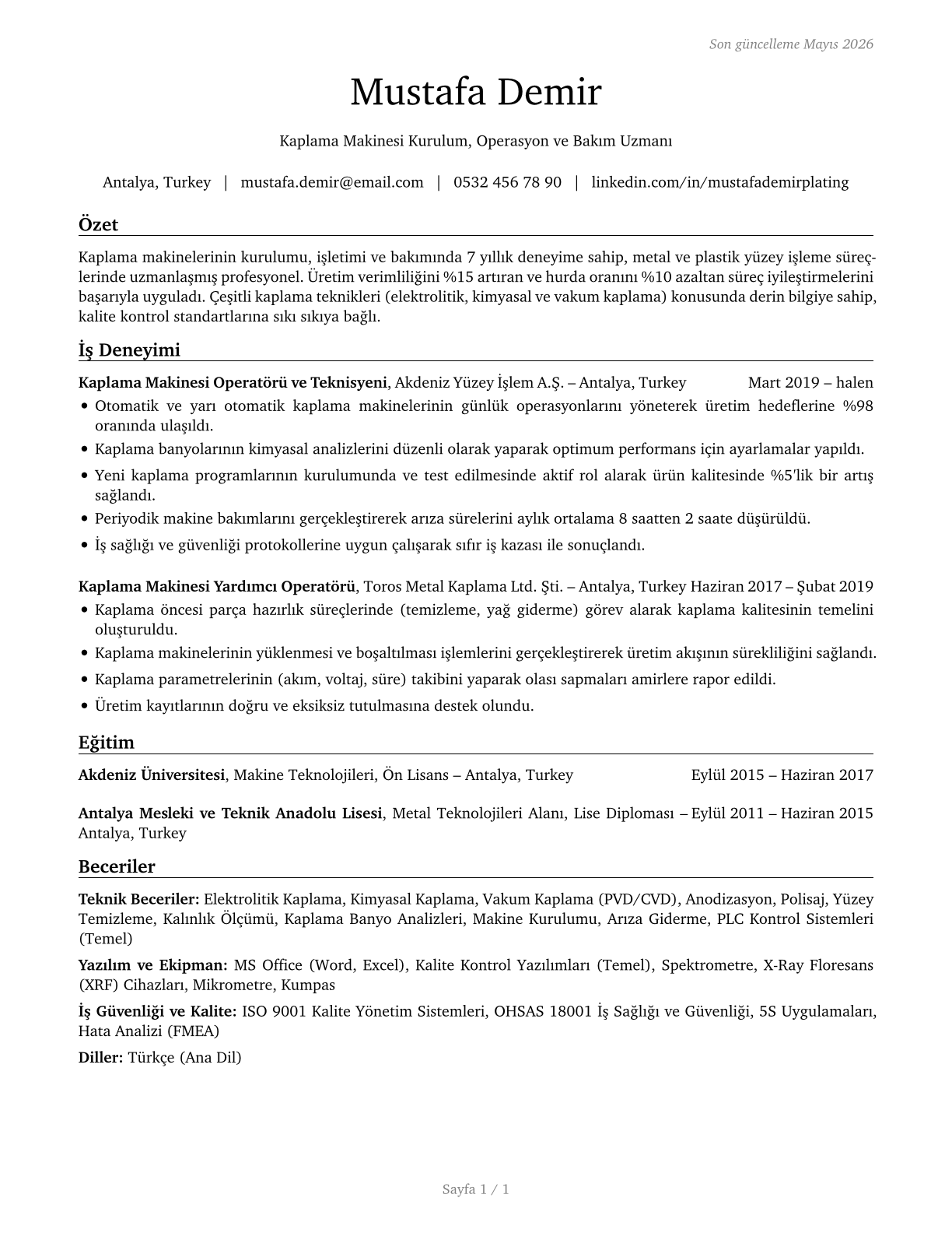 Plating Machine Setters, Operators, and Tenders, Metal and Plastic CV in Turkish — page 1