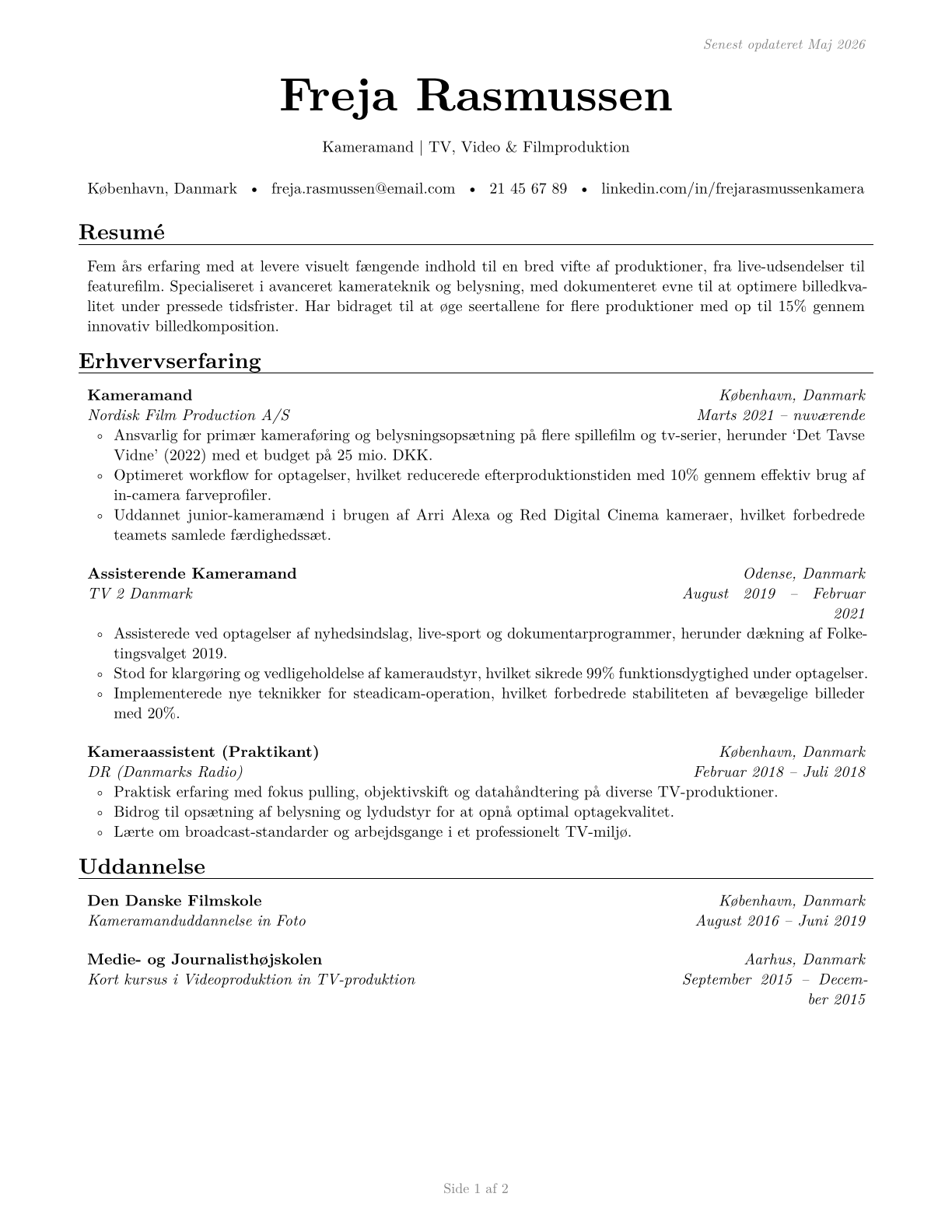 Camera Operators, Television, Video, and Film CV in Danish — page 1