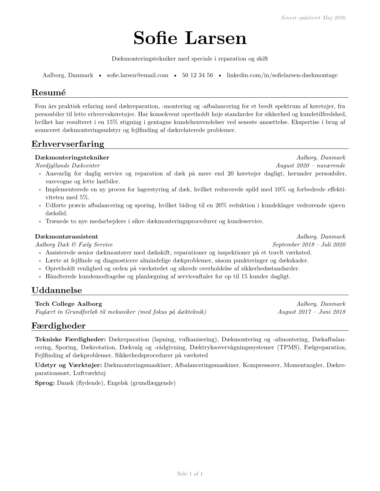 Tire Repairers and Changers CV in Danish — page 1