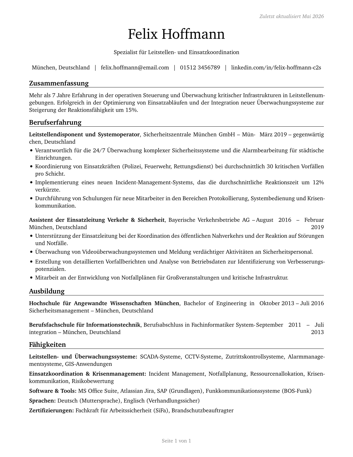 Command and Control Center Specialists CV in German — page 1