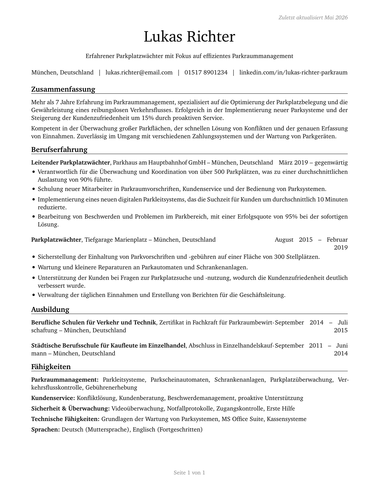 Parking Attendants CV in German — page 1