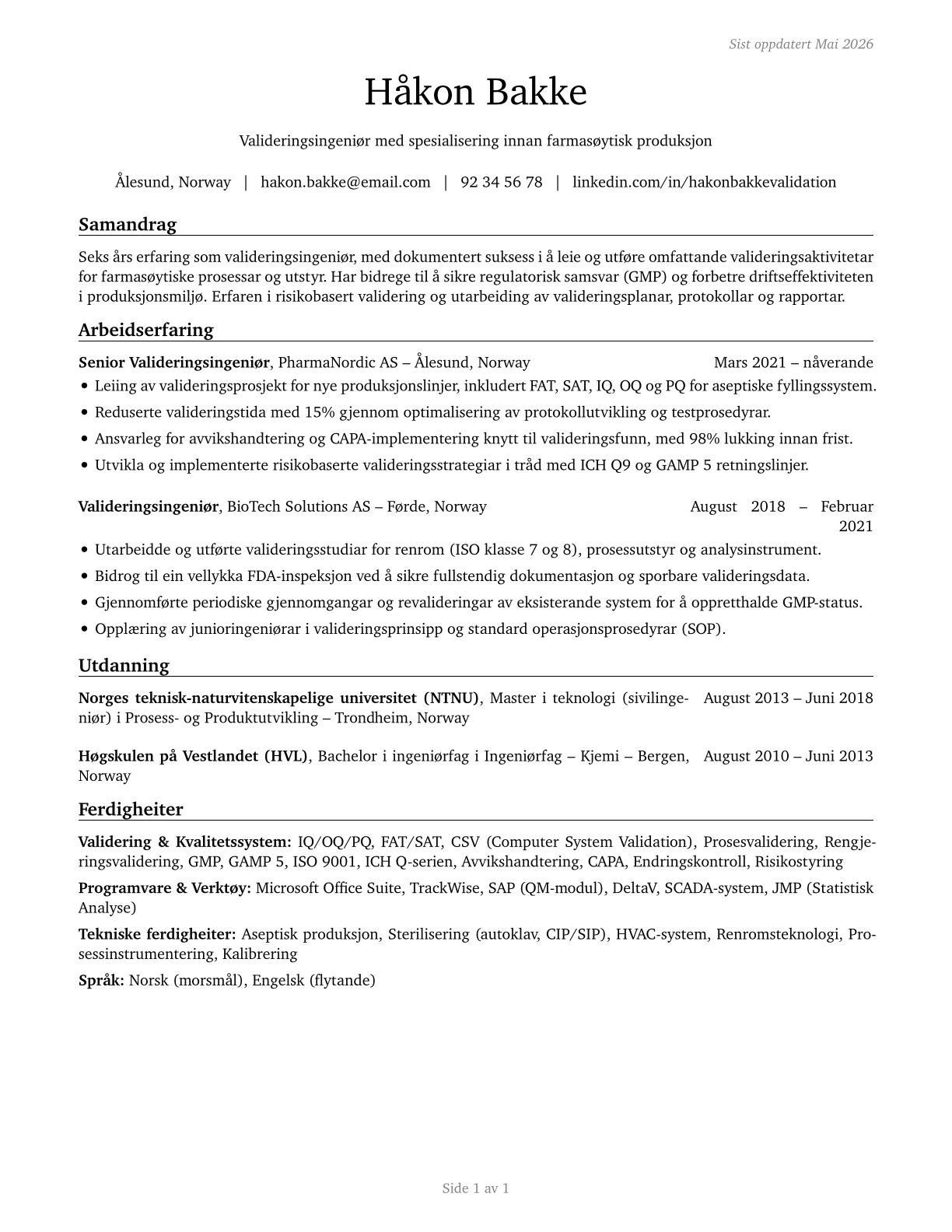Validation Engineers CV in Norwegian_nynorsk — page 1