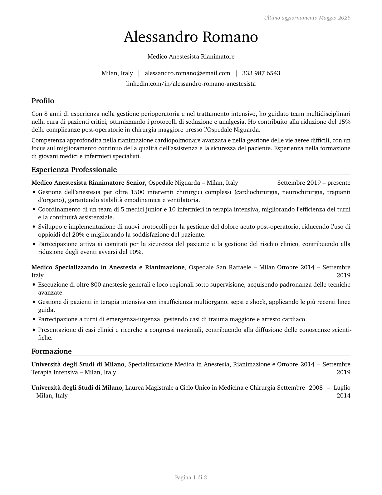 Physicians, All Other CV in Italian — page 1