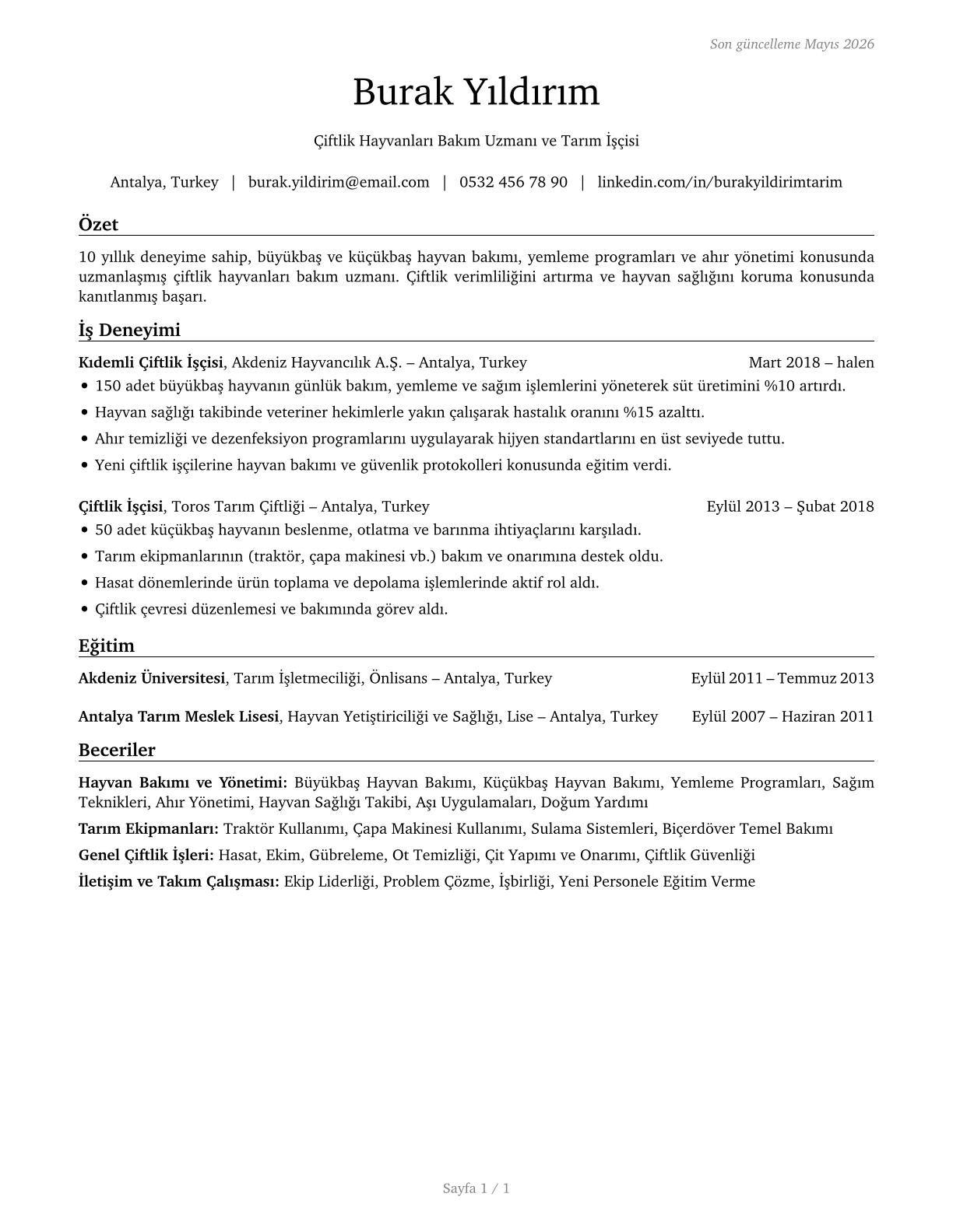 Farmworkers, Farm, Ranch, and Aquacultural Animals CV in Turkish — page 1