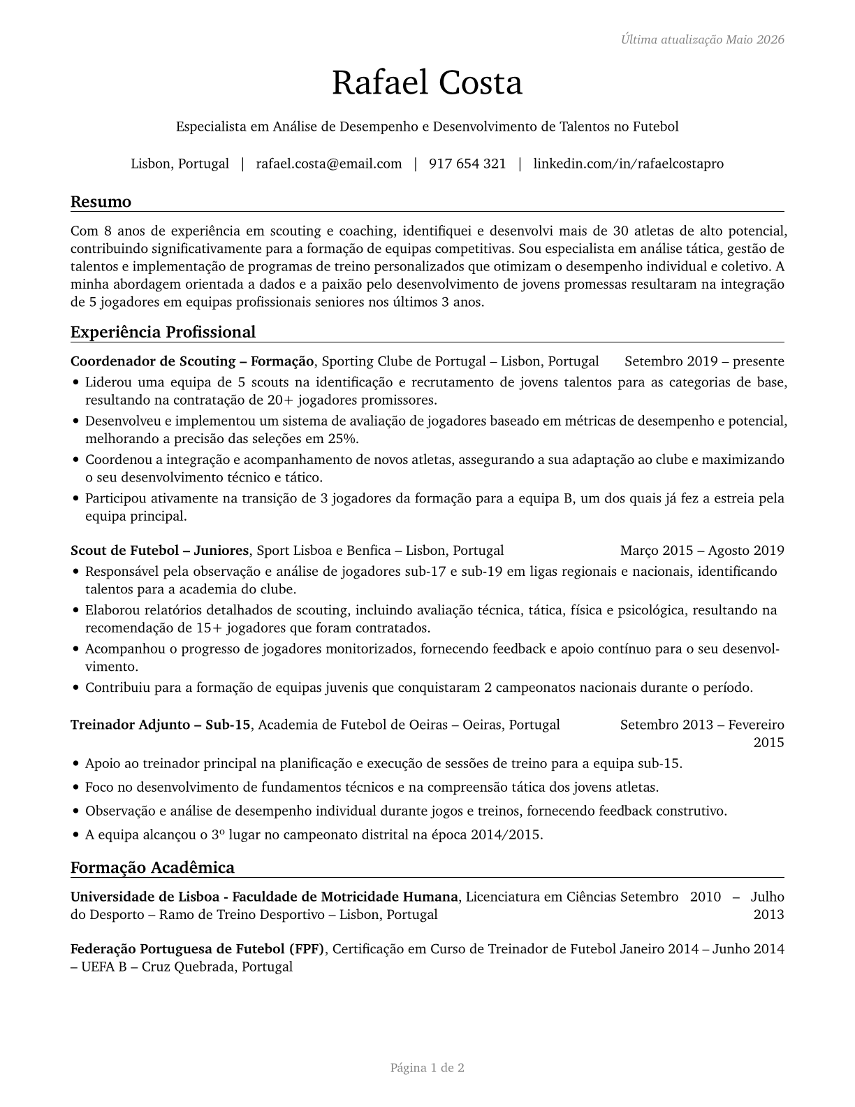 Coaches and Scouts CV in Portuguese — page 1