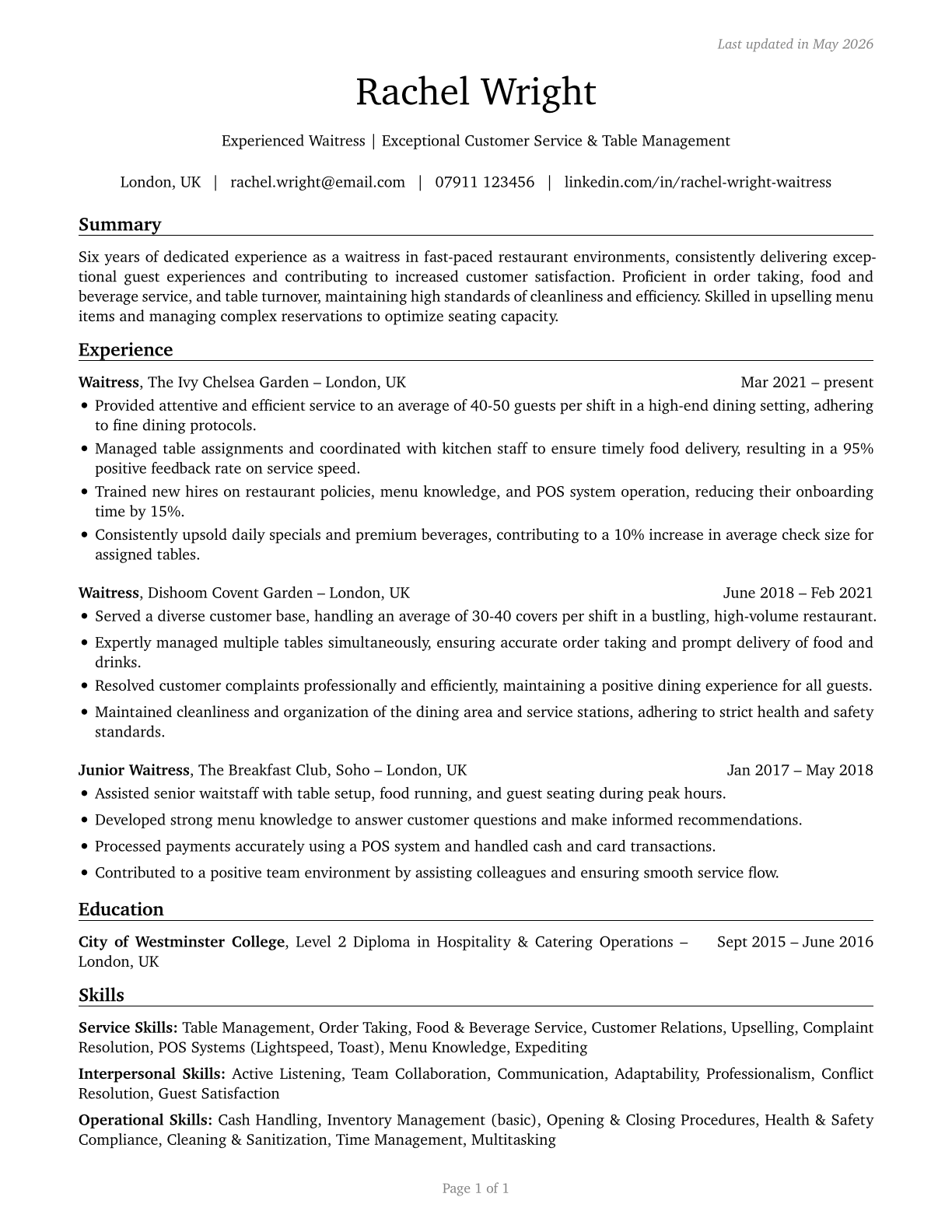 Waiters and Waitresses CV in English — page 1