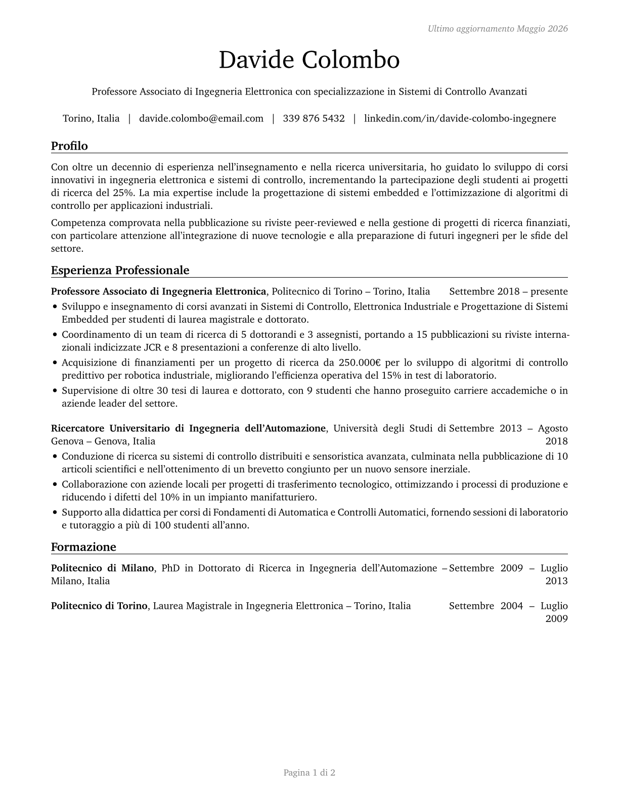 Engineering Teachers, Postsecondary CV in Italian — page 1