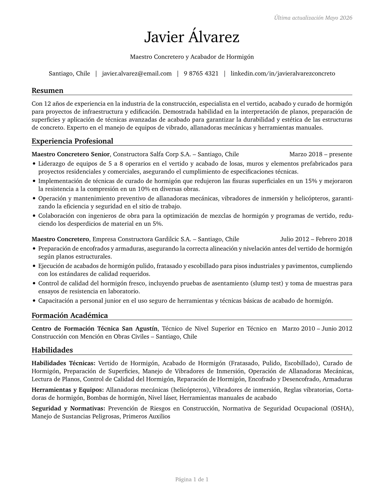 Cement Masons and Concrete Finishers CV in Spanish — page 1
