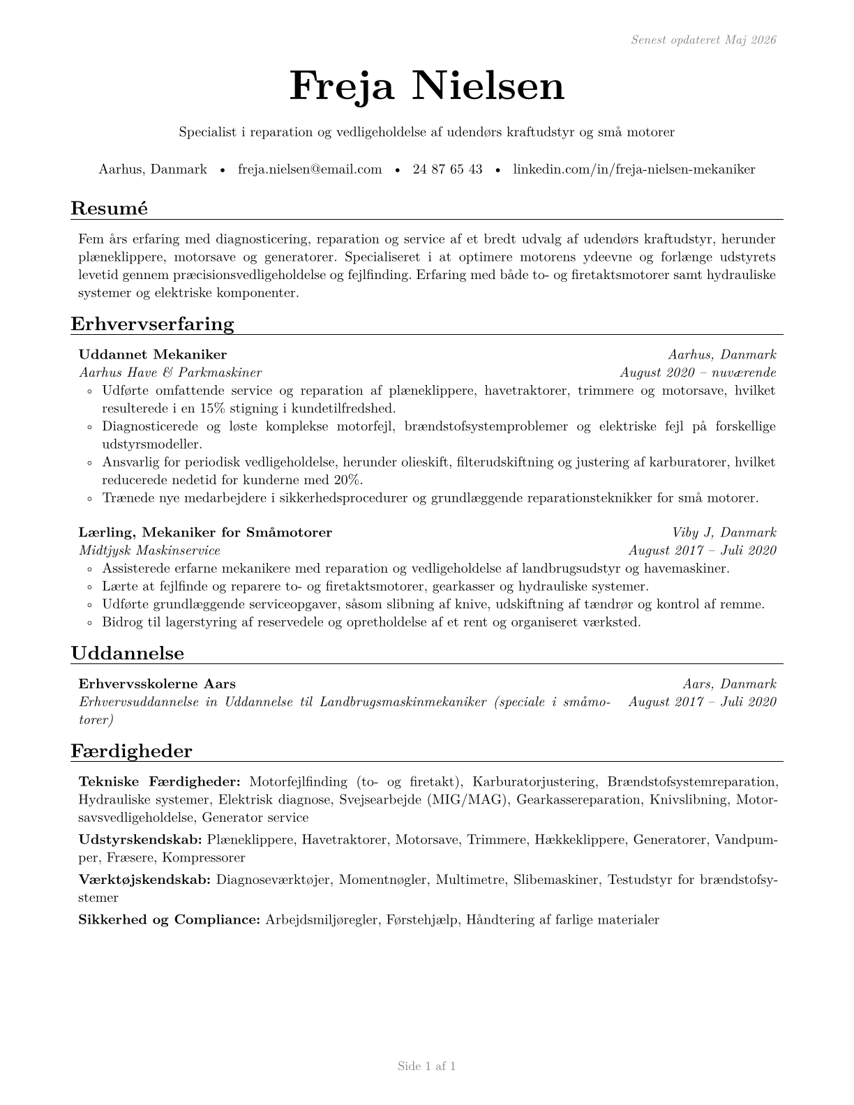 Outdoor Power Equipment and Other Small Engine Mechanics CV in Danish — page 1