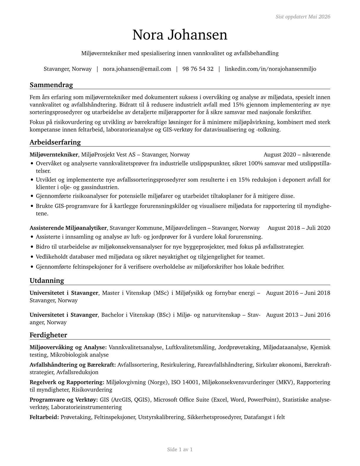 Environmental Science and Protection Technicians, Including Health CV in Norwegian_bokmal — page 1