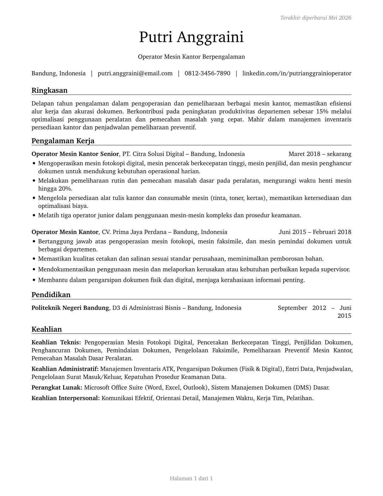 Office Machine Operators, Except Computer CV in Indonesian — page 1