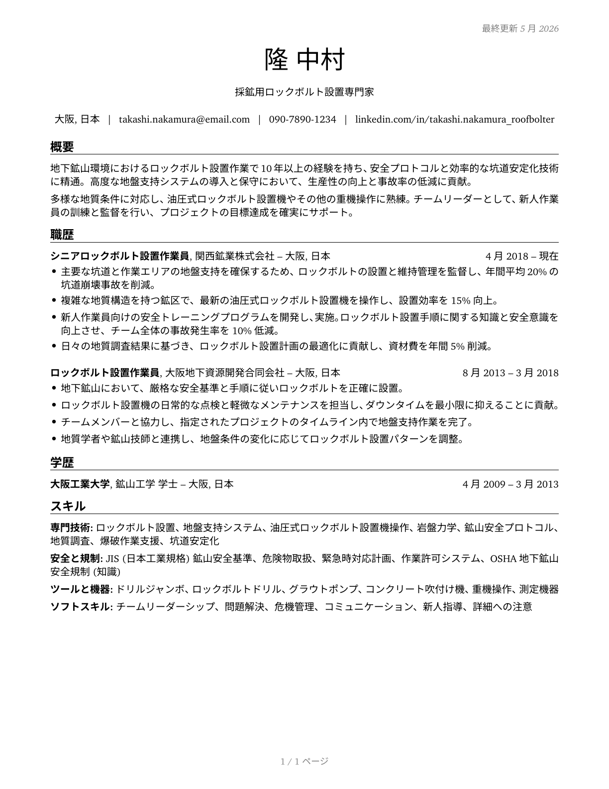 Roof Bolters, Mining CV in Japanese — page 1