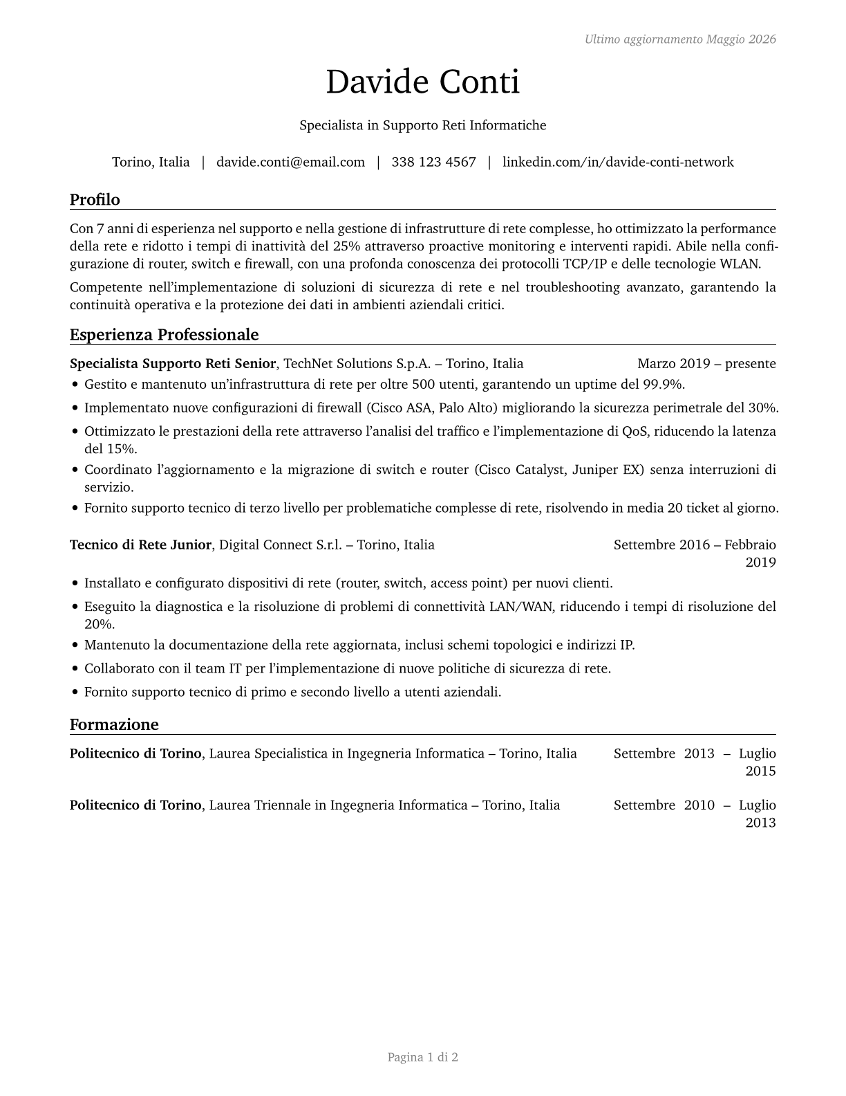 Computer Network Support Specialists CV in Italian — page 1