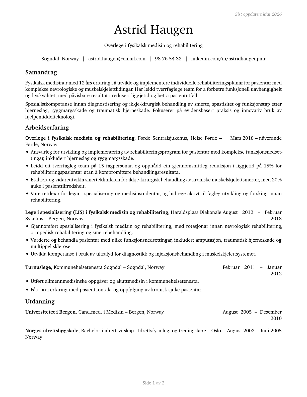 Physical Medicine and Rehabilitation Physicians CV in Norwegian_nynorsk — page 1