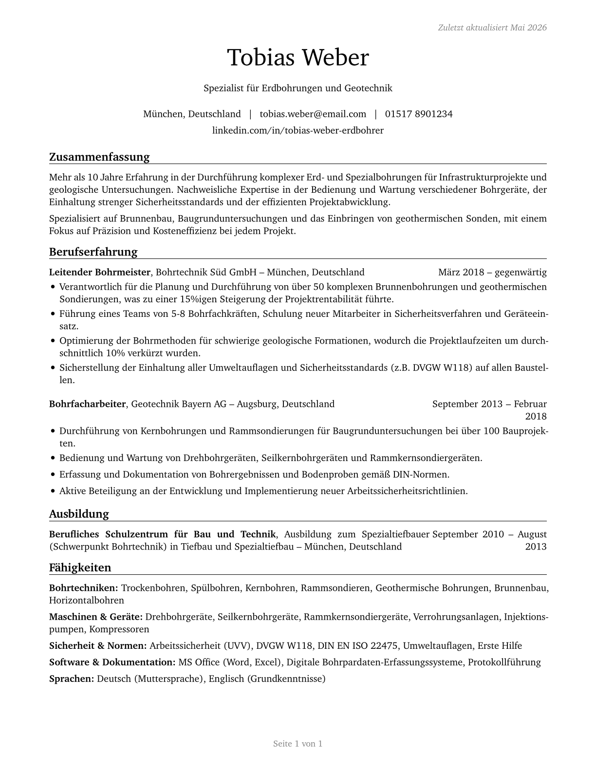 Earth Drillers, Except Oil and Gas CV in German — page 1
