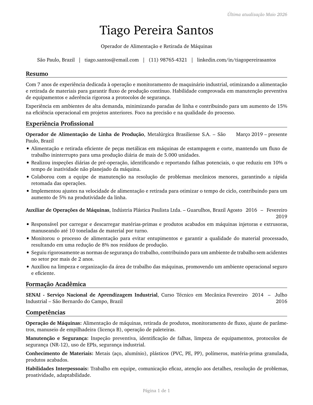 Machine Feeders and Offbearers CV in Portuguese — page 1