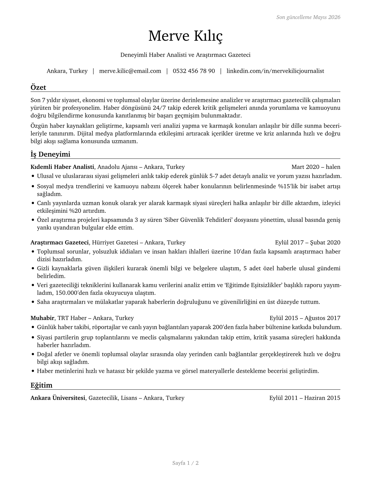 News Analysts, Reporters, and Journalists CV in Turkish — page 1