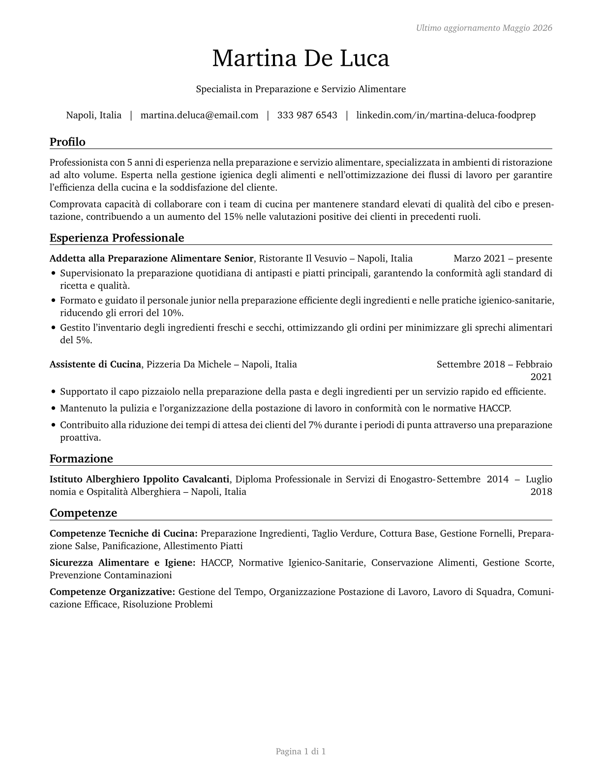 Food Preparation and Serving Related Workers, All Other CV in Italian — page 1
