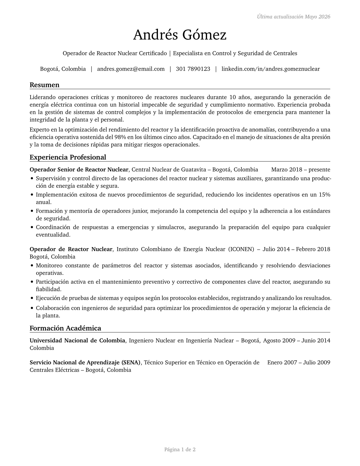 Nuclear Power Reactor Operators CV in Spanish — page 1