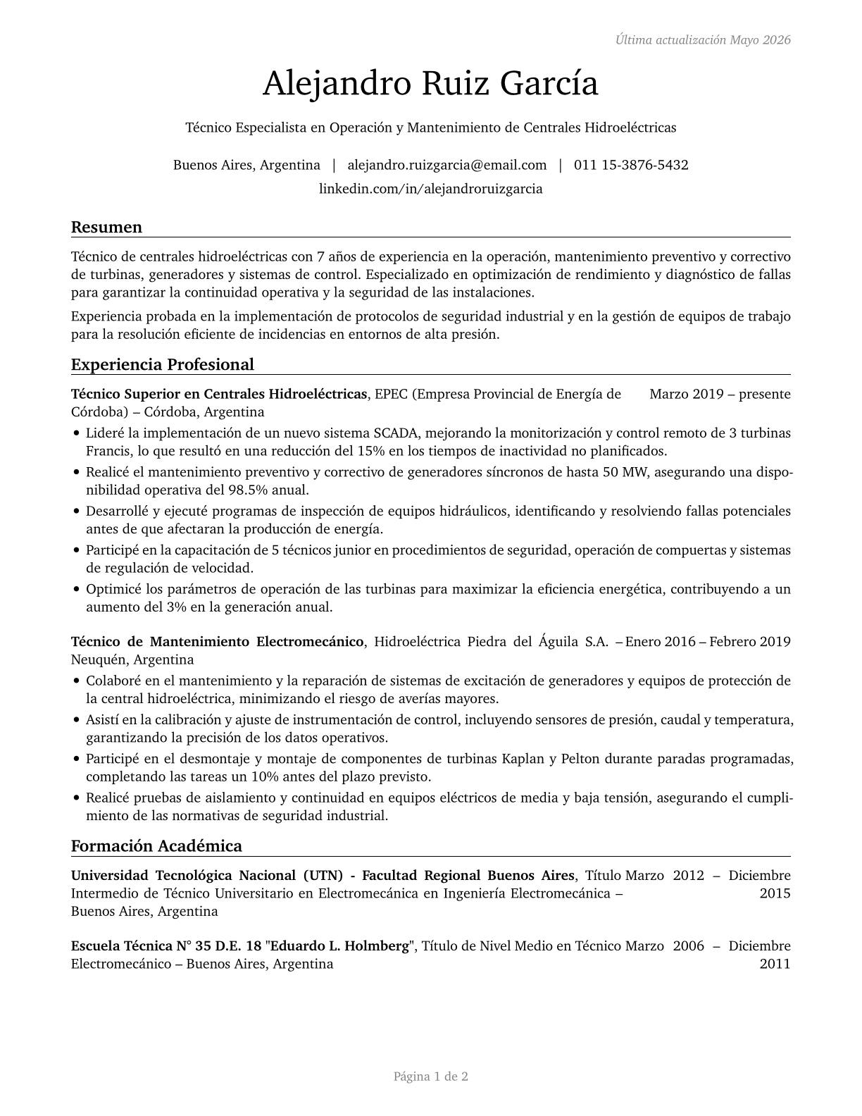 Hydroelectric Plant Technicians CV in Spanish — page 1