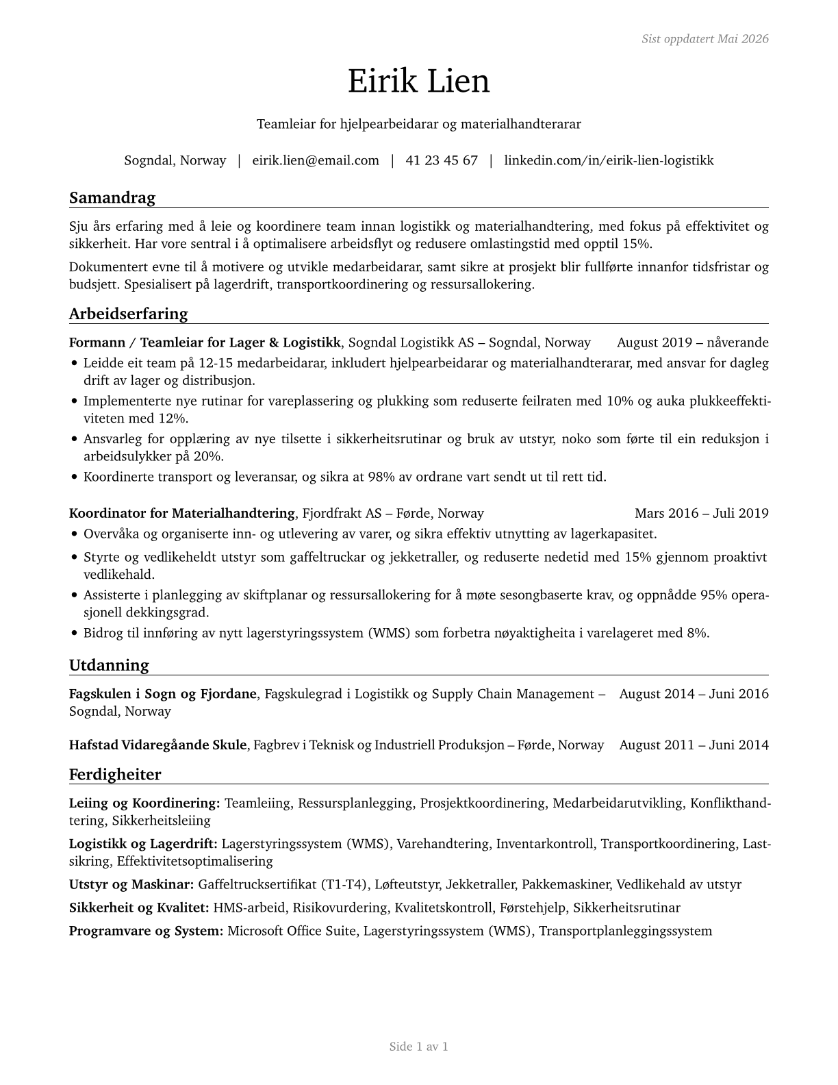 First-Line Supervisors of Helpers, Laborers, and Material Movers, Hand CV in Norwegian_nynorsk — page 1